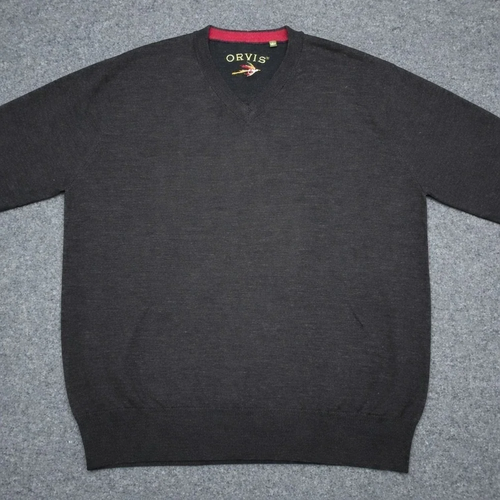 Vintage ORVIS 100% Merino Wool V-Neck Men's Large Charcoal Gray Pullover Sweater